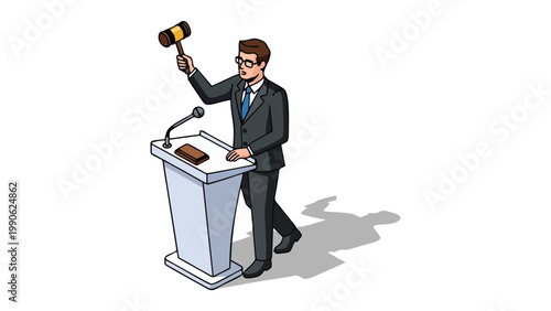 Professional Auctioneer Holding Gavel at Podium Illustration