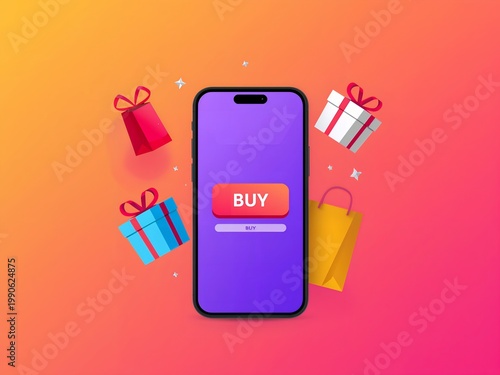 Online shopping concept with smartphone, gifts, and buy button.  Perfect for digital commerce, sales, and festive promotions.