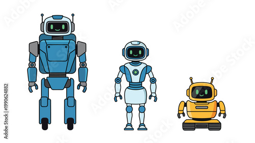 Cute and friendly AI robots with distinct designs, bipedal and wheeled, isolated illustration