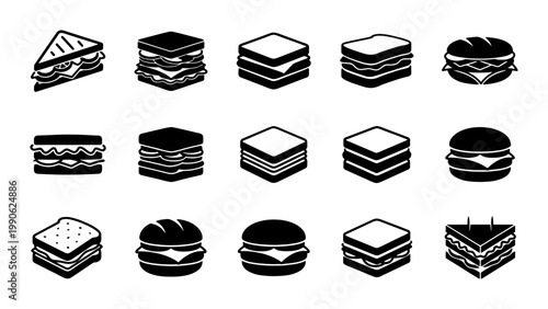 Minimalist sandwich icon set, black and white food vector illustrations, 15 fast food deli and burger symbols for restaurant menus and signage