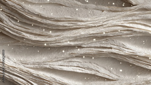 Recycled Paper: Paper pulp strands settling organically in space

