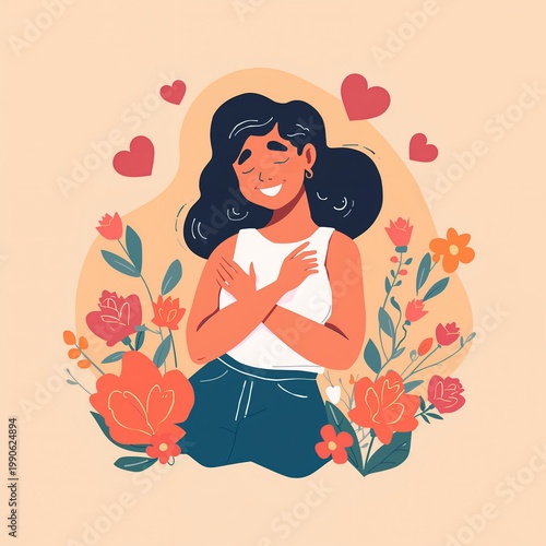 A woman embracing herself amidst flowers and hearts. It's a symbol of self-love and appreciation.