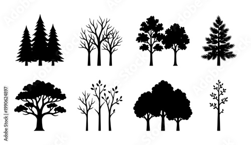 Black tree silhouettes collection, set of 8 forest plant icons, minimalist pine and deciduous tree vector elements for landscape design and mapping