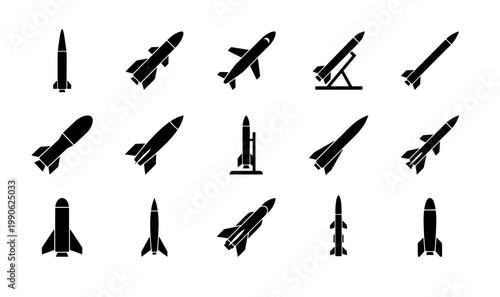 Military missile icons set, 15 black rocket silhouettes, ballistic weapon and aerospace projectile vector collection for defense infographics
