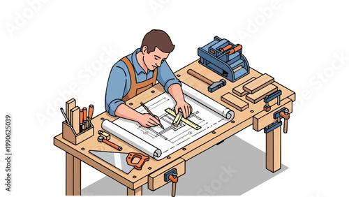Professional Carpenter Drawing Woodworking Project Plans in Workshop
