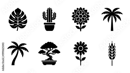 Minimalist plant icon set, black botanical vector silhouettes, collection of 8 nature symbols including palm tree, cactus, monstera and bonsai