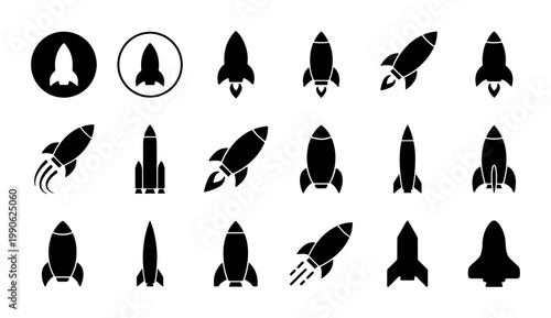 Minimalist rocket ship icon set, black silhouette spacecraft vector collection, 18 startup launch symbols for business growth and space exploration