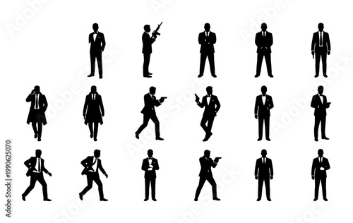 Secret agent silhouettes set, 17 spy character vector icons, tuxedo clad men with weapons and gadgets, professional bodyguard and hitman figures