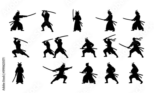 Japanese samurai silhouette collection, 15 warrior icons with katana swords. Traditional ronin fighter silhouettes, martial arts combat poses vector set