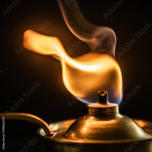 Classic oil lamp with glowing flame and smooth smoke trails in dark moody setting