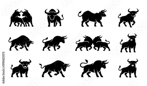 Powerful bull silhouette collection, 12 black buffalo and ox vector icons, aggressive charging bull mascot set for sports branding and finance logos