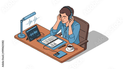 Young man editing audio with headphones and tablet at desk