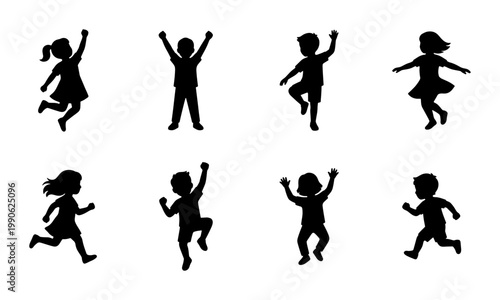 Happy jumping children silhouettes, set of 8 active kids playing and running vector icons, black childhood joy and movement figures on white background