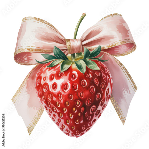 Glossy red strawberry decorated with soft pink ribbon bow, isolated on transparent background, elegant design, watercolor