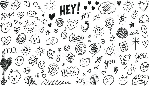 Whimsical doodle collection featuring playful characters, symbols, and cheerful greetings