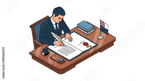 Diplomat Signing Official Treaty Document in Isometric Office Illustration