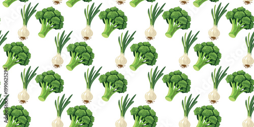 organic broccoli and onion seamless pattern on white background