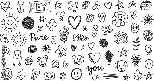 Whimsical doodle collection of hearts, animals, and playful symbols