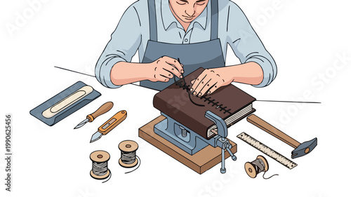 Professional Bookbinder Crafting a Custom Leather Notebook by Hand