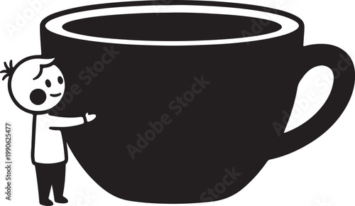 Cute cartoon child happily hugging a large black coffee mug simple minimalist illustration black and white hot drink beverage illustration minimalist character friendly isolated relaxation