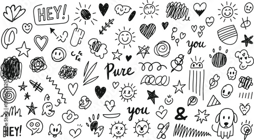 Playful doodles of love, friendship, and whimsical symbols in black and white
