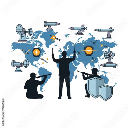 Global Conflict Map with Military Weapons and Soldiers.