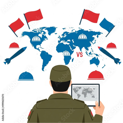 Global conflict strategy map with military commander planning attack.