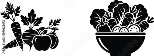 Vector Set of Fresh Organic Vegetables Including Carrot, Tomato, and Lettuce in Bowl for Healthy Eating, Cooking, and Nutrition
