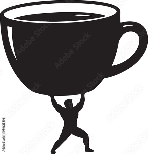 Strong man lifting giant coffee cup conceptual illustration of caffeine power or burden black and white hot drink caffeine kick strength beverage addiction enormous silhouette
