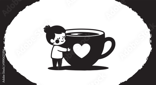 Cute character hugging coffee cup with heart symbol of love and comfort for hot beverages hot drink black and white daily ritual character affection beverage illustration enjoyment happiness