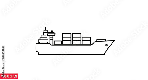 Side view line drawing of a cargo ship loaded with stacked rectangular containers
