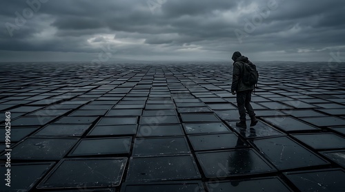 Person standing alone on vast grid tiles under a cloudy sky with gloomy weather