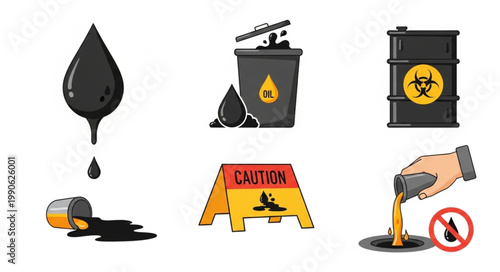 Set of icons representing oil and hazardous waste symbols.