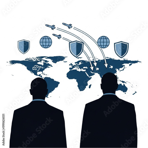 Global Security Strategy Meeting with Military Aircraft and Shields.