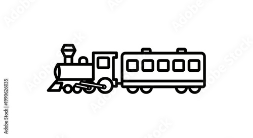 A simplified black line drawing of a steam engine pulling two passenger cars