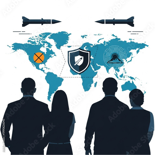 Global security threat concept with missiles and world map.