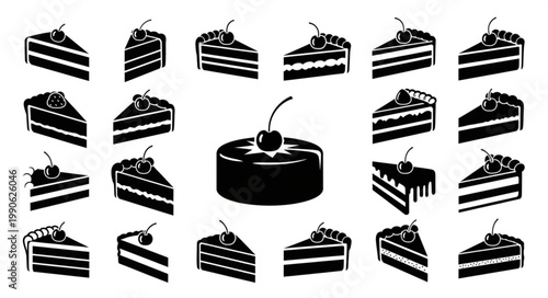Collection of Black and White Cake Slices and Whole Cake Silhouettes.