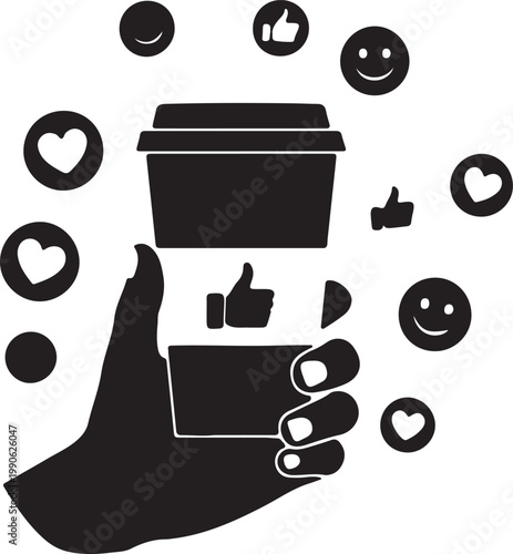 Hand holding coffee cup with social media icons like hearts and smiley faces silhouette beverage caffeine marketing communication connection engagement feedback application