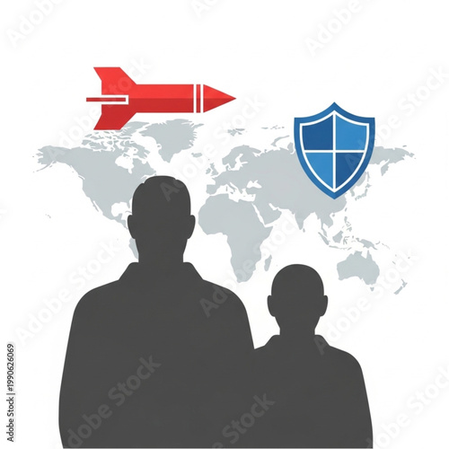 Global Security Threat Missile Shield and People Silhouettes.