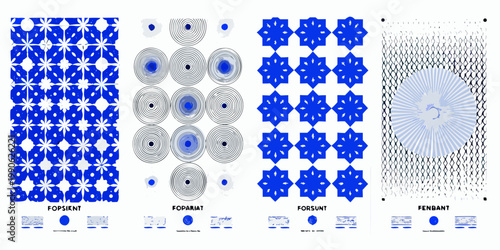 Abstract blue patterns and shapes arranged in a grid formation