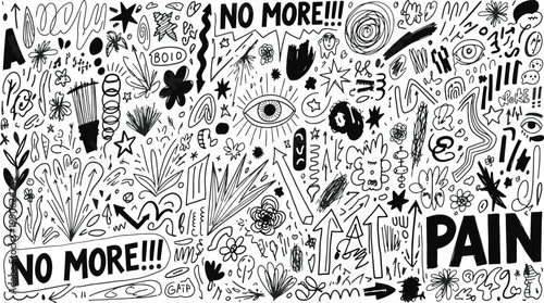 Chaotic graffiti-style artwork expressing intense emotional distress and rebellion against pain