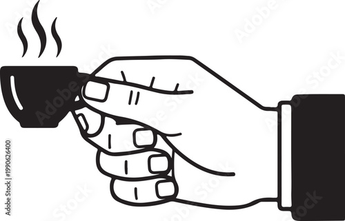 Human hand holding a small steaming coffee cup in a business suit sleeve with line art wake up black and white business espresso cappuccino beverage minimalist illustration caffeine