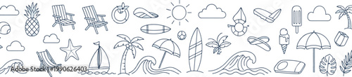 Whimsical illustration of beach and vacation icons collection