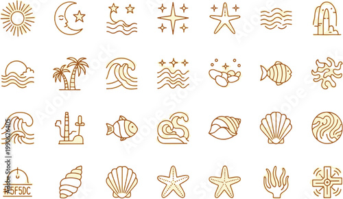 Vibrant collection of beach and celestial themed icons and symbols
