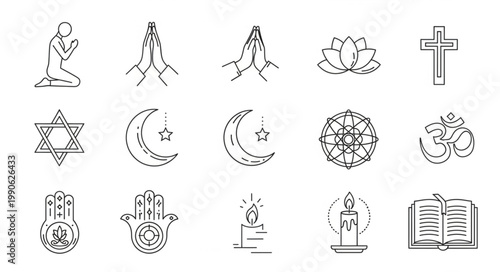 Collection of Religious Symbols and Icons Hand Drawn Style.