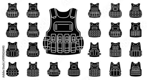 Collection of various bulletproof vests and tactical body armor designs.