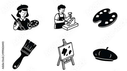 Black & White Art and Craft Icons Set featuring Artists, Painting Supplies, and Sculpture Tools
