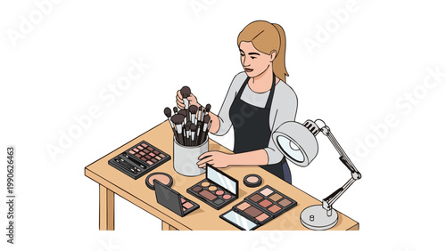 Professional Makeup Artist Working at Desk Isometric Illustration
