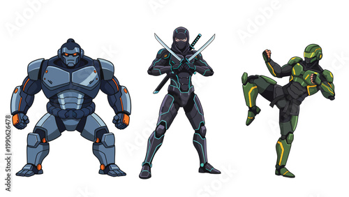 Futuristic Armored Heroes: Powerful Mech, Agile Ninja, and Martial Artist Combat Characters Illustration Pack