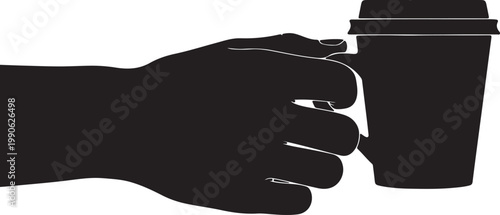 Human hand holding a takeaway coffee cup silhouette ready for a morning drink on the go paper cup fast food black and white takeaway silhouette disposable beverage on the go caffeine